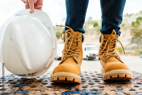 Work boots and construction hat