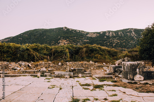 Antique city.Church of the Virgin in Ephesus.Ruins of an ancient city in Turkey. Archaeological site, expedition.Remains of an ancient Greek city in the mountains. Byzantine architecture.Stone walls photo