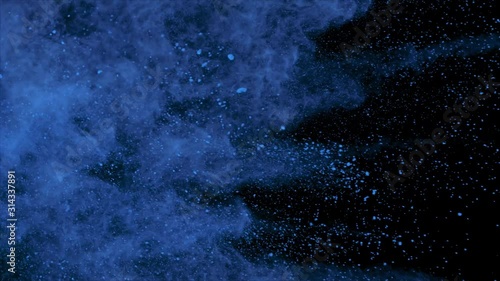 Realistic blue powder explosion on black background. Slow motion movement with acceleration from left of screen.