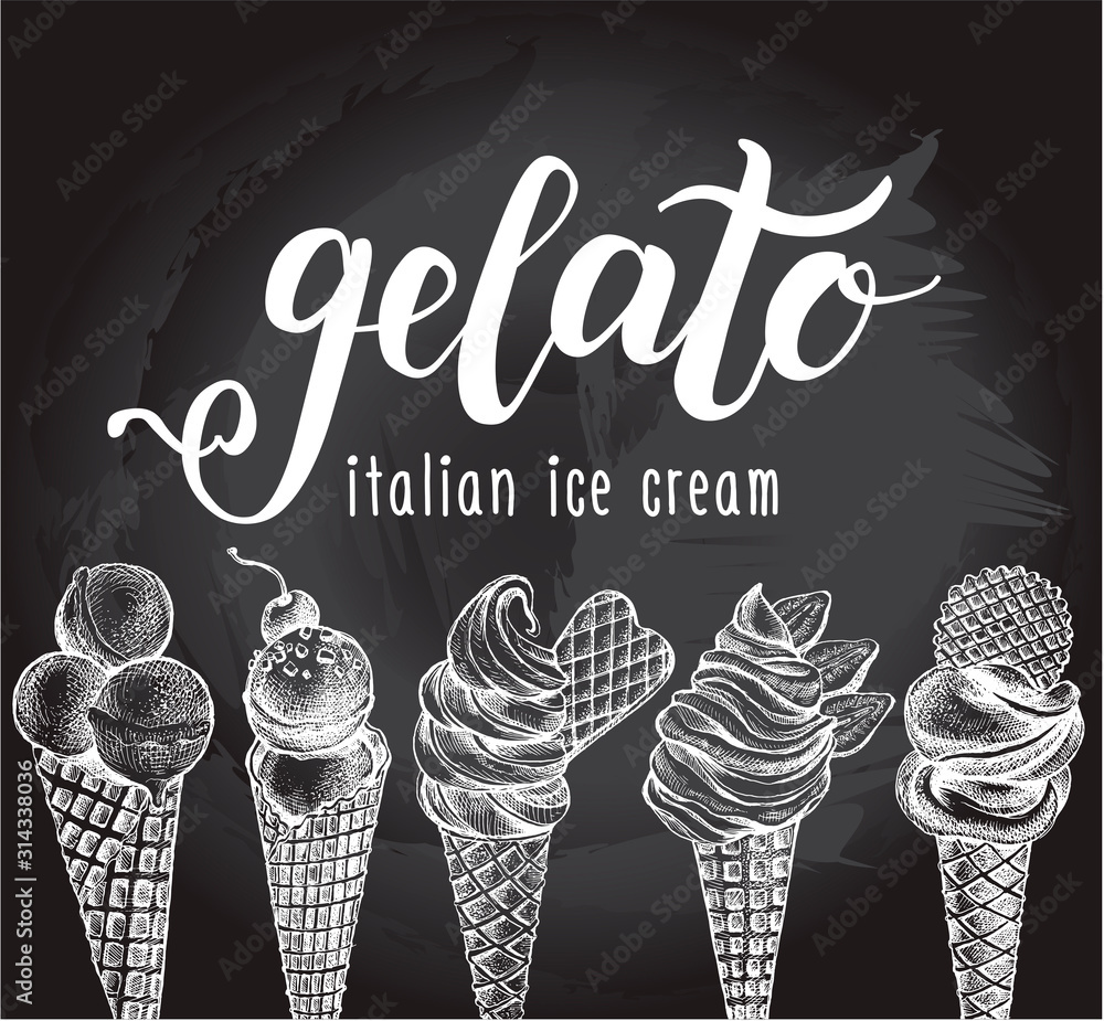 Ink hand drawn set of different types of ice cream, italian dessert ...