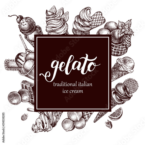 Ink hand drawn background with different types of ice cream and italian traditional dessert gelato. Food elements for menu or signboard design with brush calligraphy lettering. Vector illustration.