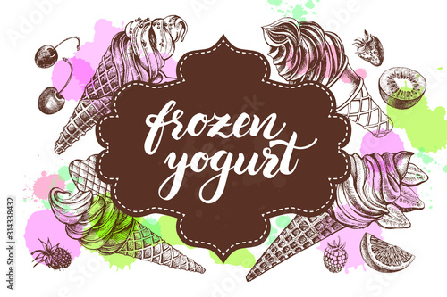 Ink hand drawn background with ice cream, frozen yogurt. Food elements collection for menu or signboard design with brush calligraphy style lettering. Vector illustration.