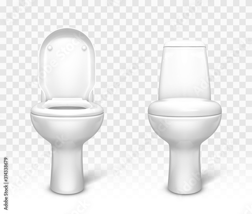 Toilet with seat set. White ceramic lavatory bowl with closed and open lid front view mockup template for interior design isolated on transparent background. Realistic 3d vector illustration, clip art