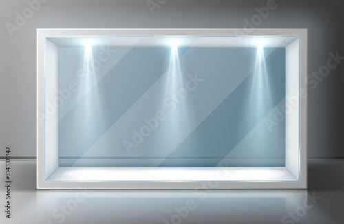 Glass wall display case frame in empty exhibition room. Transparent showcase with illumination for museum, gallery or exhibit presentation. Exposition hall interior, realistic 3d vector illustration