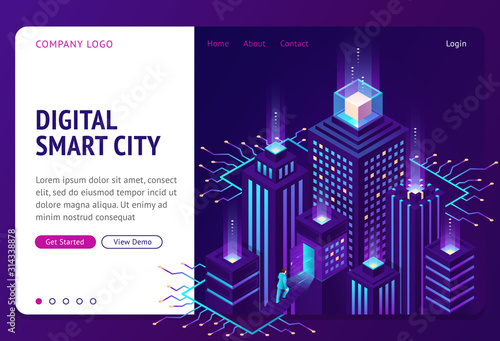 Digital smart city isometric landing page. Businessman going upstairs to open door in neon glowing intelligent building with microcircuit elements. Iot technology 3d vector illustration, web banner