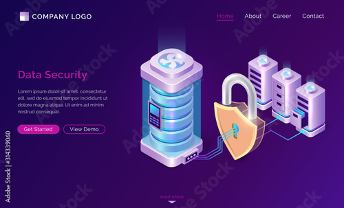 Cyber data security isometric landing page. Server room protected with shield padlock from outer access, computing internet digital technology, database protection. 3d vector illustration, web banner