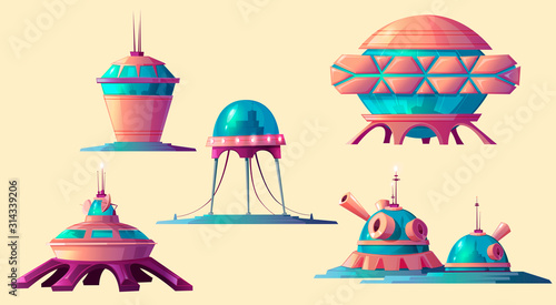 Space colonization set. Spaceship, rocket, shuttle and buildings for universe and alien planet exploration, cosmic base elements of settlement isolated on yellow background cartoon vector illustration