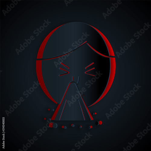 Paper cut Man holding handkerchief or napkin to his runny nose icon isolated on black background. Coryza desease symptoms. Paper art style. Vector Illustration