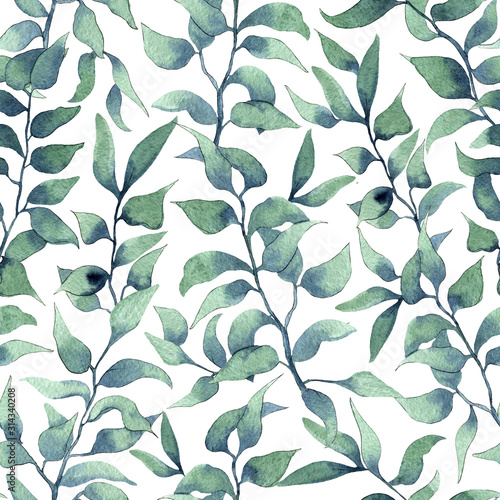 Watercolor leaves pattern on white background. Seamless pattern with hand dra...