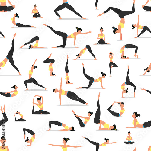 Yoga asanas set seamless pattern