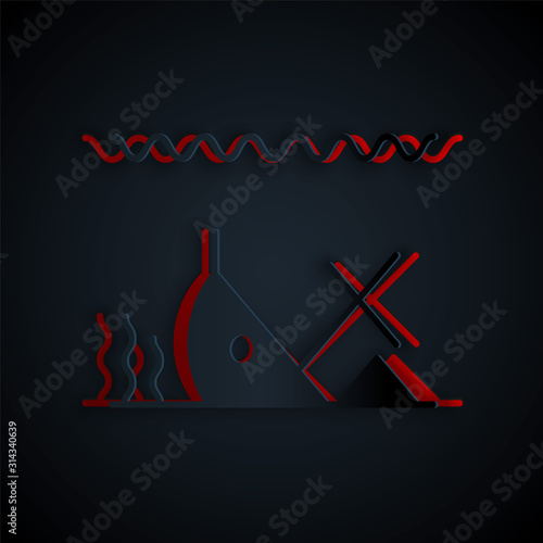 Paper cut Sunken ship at the bottom of the sea icon isolated on black background. Paper art style. Vector Illustration