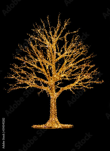 Outdoor illuminated tree stock images. Golden lighted tree outdoor. Outdoor tree lighting stock images. Shiny tree on a black background. Beautiful Christmas lights