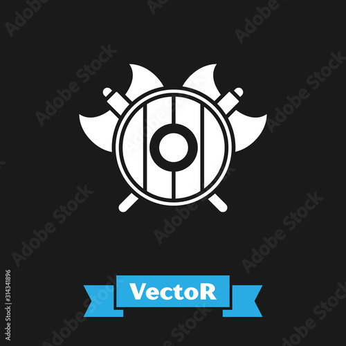 White Medieval shield with crossed axes icon isolated on black background. Battle axe, executioner axe. Vector Illustration