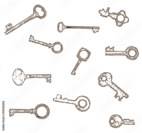 Set Vintage Stylized Hatched Vector Keys  - Generative Graphic Design