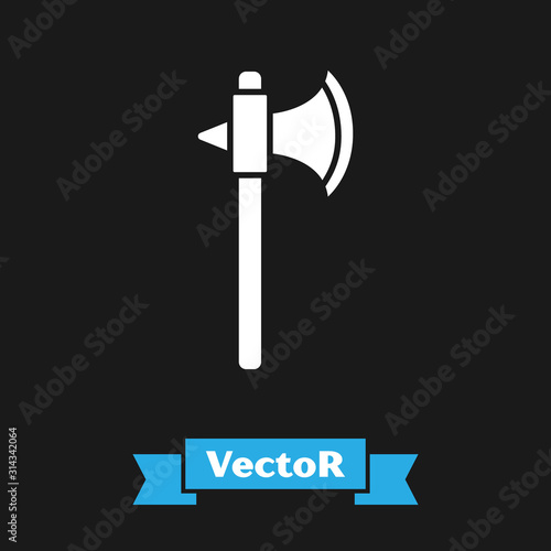 White Medieval axe icon isolated on black background. Battle axe, executioner axe. Vector Illustration