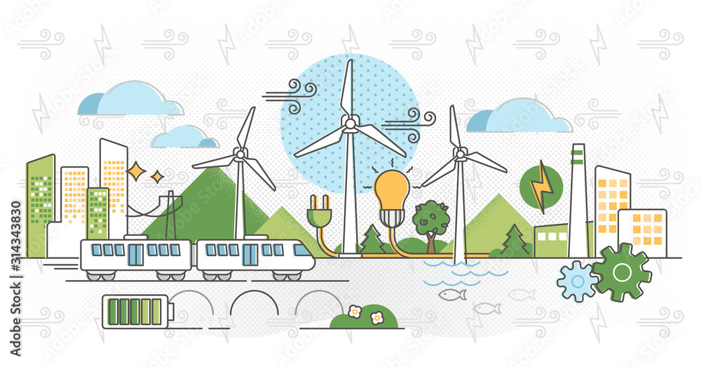 Wind energy vector illustration. Green alternative power in outline concept - obrazy, fototapety, plakaty 