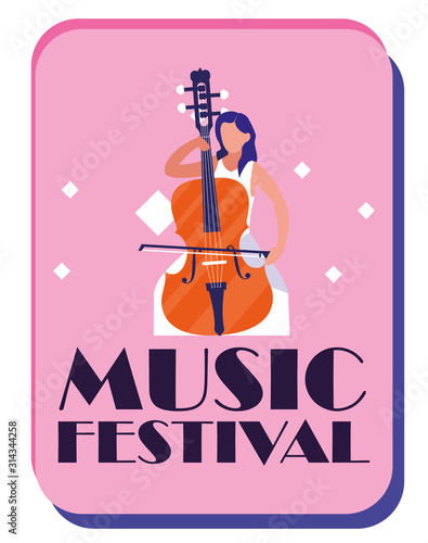 Musician woman with cello of music festival vector design