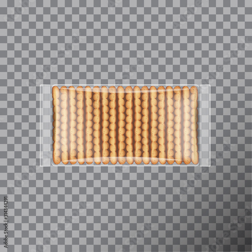 Biscuits pack, wrapped in transparent plastic. Packaging for cookies. Vector illustration