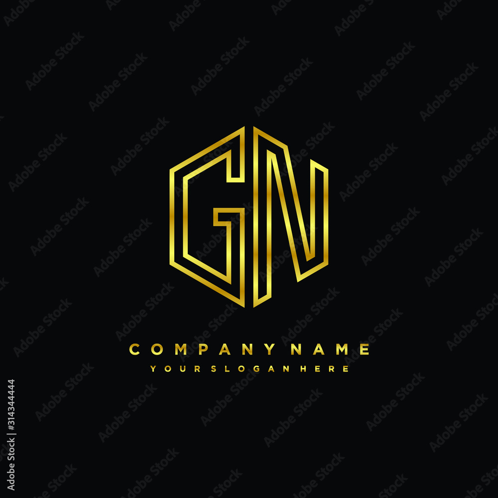 Initial letter GN, minimalist line art monogram hexagon logo, gold color