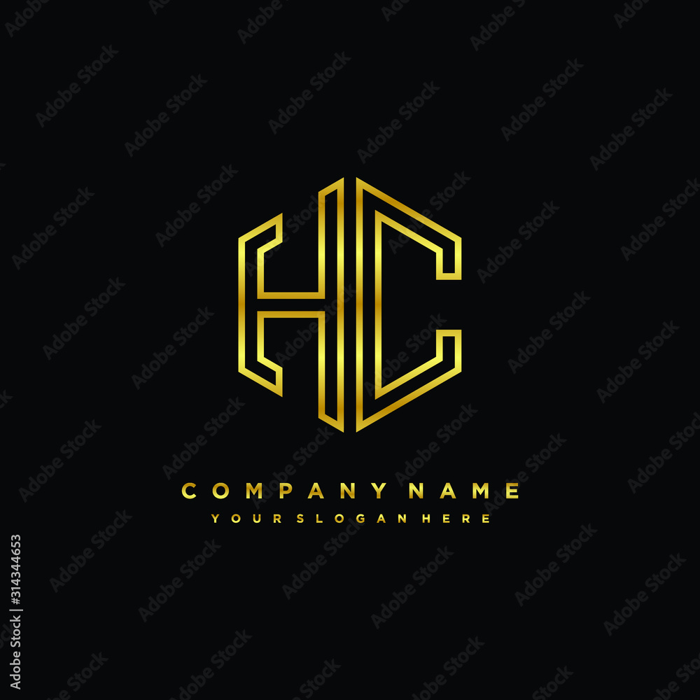 Initial letter HC, minimalist line art monogram hexagon logo, gold color Initial letter HC, minimalist line art monogram hexagon logo, gold color