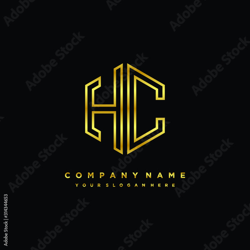 Initial letter HC, minimalist line art monogram hexagon logo, gold color