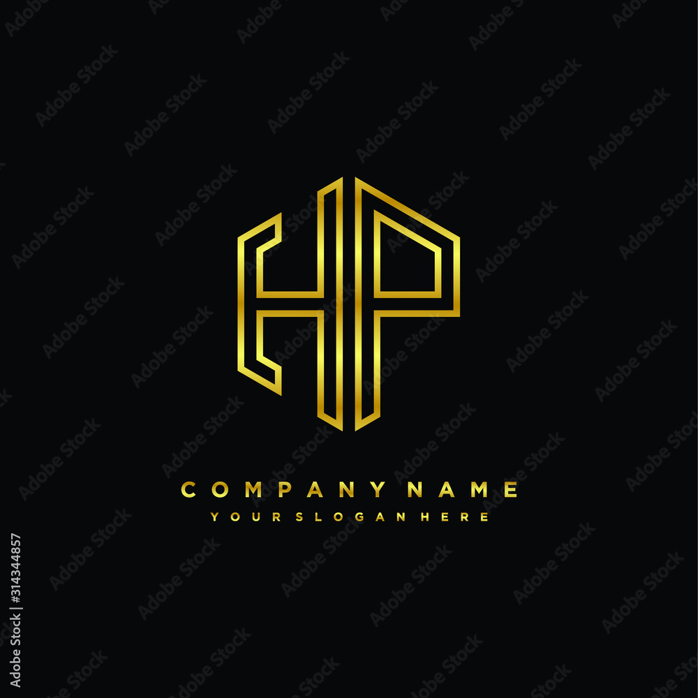 Initial letter HP, minimalist line art monogram hexagon logo, gold color
