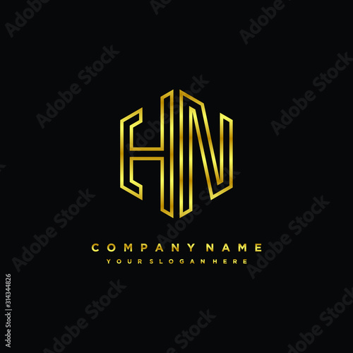 Initial letter HN, minimalist line art monogram hexagon logo, gold color