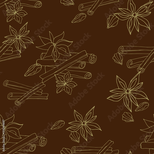 Seamless pattern of anise stars and cinnamon on a brown background. Outline drawing for fabric, tile and paper.