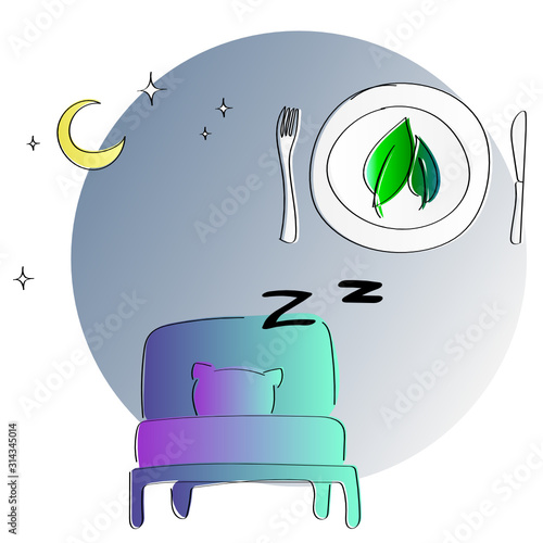 Bright minimalistic illustration showing the effect of a vegetarian or vegan diet on a good sleep