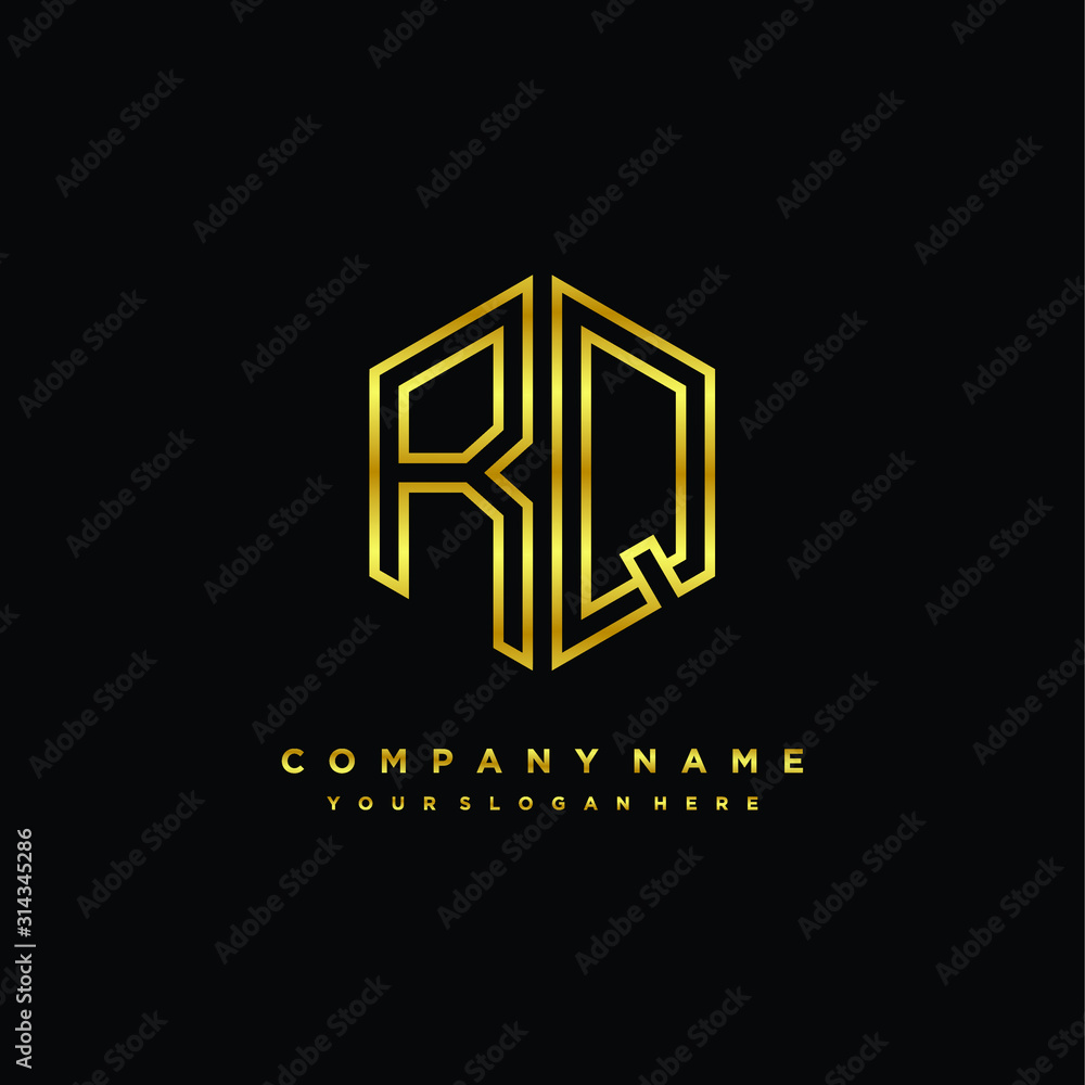 Initial letter RQ, minimalist line art monogram hexagon logo, gold color Initial letter RQ, minimalist line art monogram hexagon logo, gold color