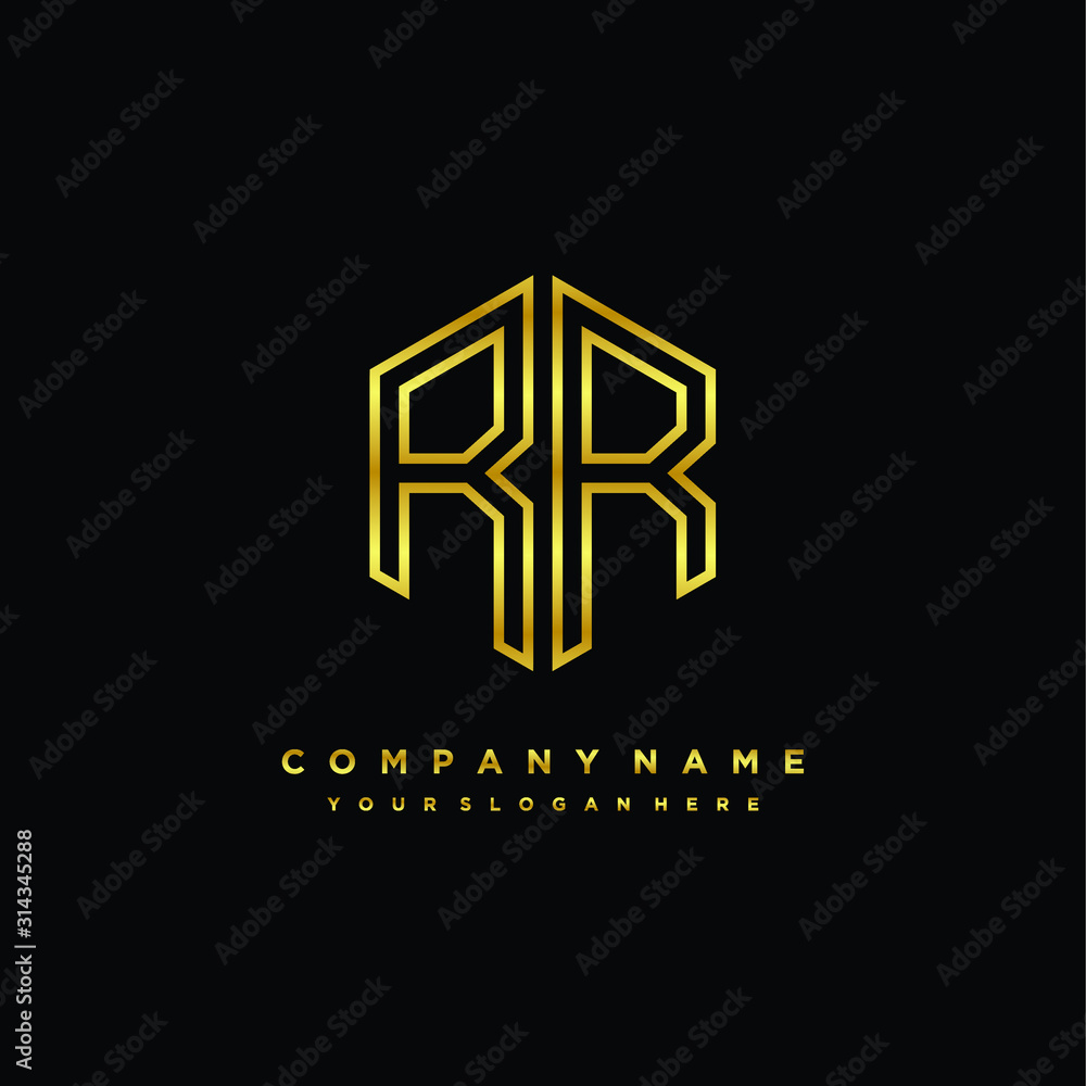 Initial letter RR, minimalist line art monogram hexagon logo, gold color Initial letter RR, minimalist line art monogram hexagon logo, gold color