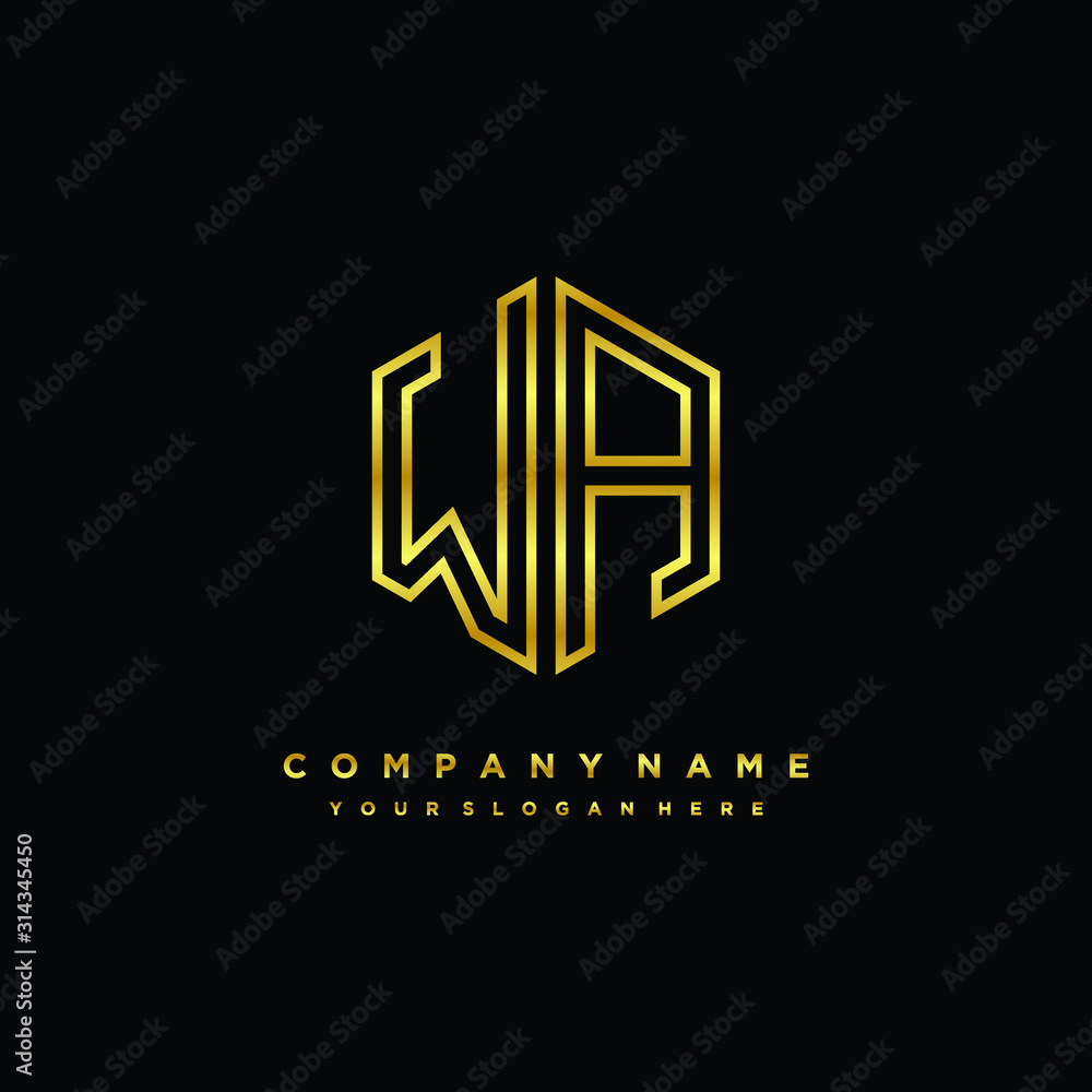 Initial letter WA, minimalist line art monogram hexagon logo, gold color Initial letter WA, minimalist line art monogram hexagon logo, gold color