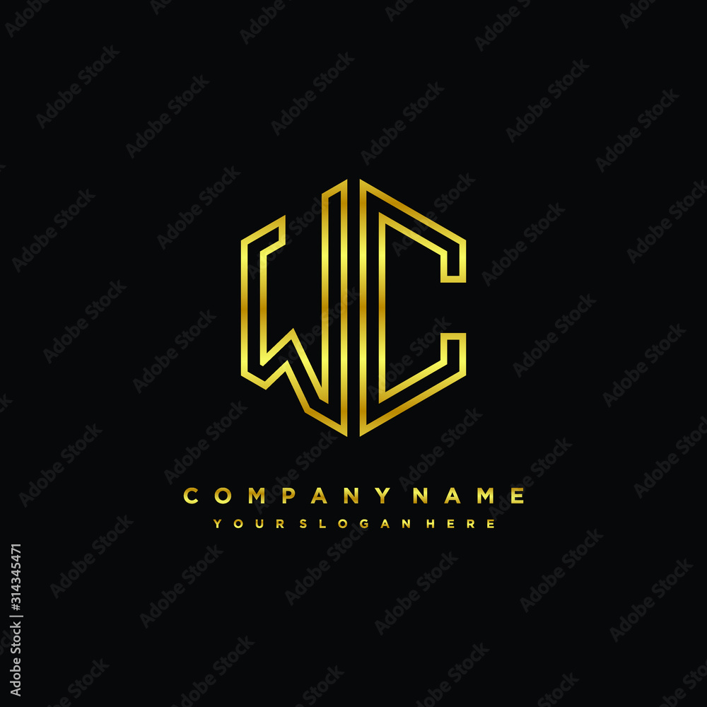 Initial letter WC, minimalist line art monogram hexagon logo, gold color Initial letter WC, minimalist line art monogram hexagon logo, gold color