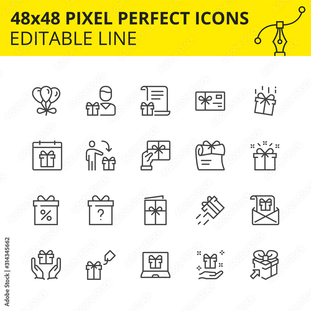 Scaled Icons of Gift and Surprise boxes. Includes Gift card, Air Balloons, Envelope, Postcard etc. Pixel Perfect Editable Set 48x48. Vector. Scaled Icons of Gift and Surprise boxes. Includes Gift card, Air Balloons, Envelope, Postcard etc. Pixel Perfect Editable Set 48x48. Vector.