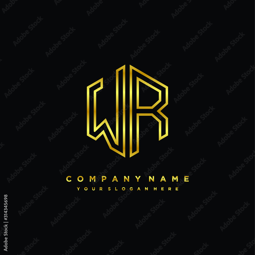Initial letter WR , minimalist line art monogram hexagon logo, gold color Initial letter WR , minimalist line art monogram hexagon logo, gold color