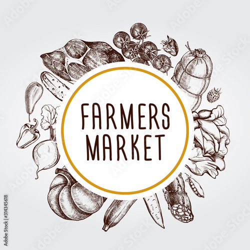 Ink hand drawn background with meat products, vegetables, fruits, cheese. Food elements collection. Vector illustration, Farmer Market Design Concept. Menu or signboard template.