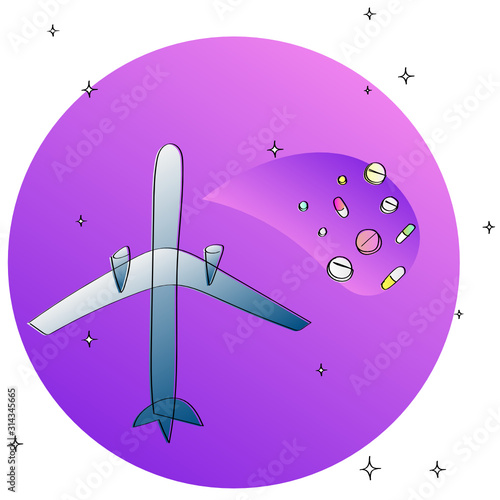 Symbolic illustration showing use of pharmaceutical products on board of a plane landing