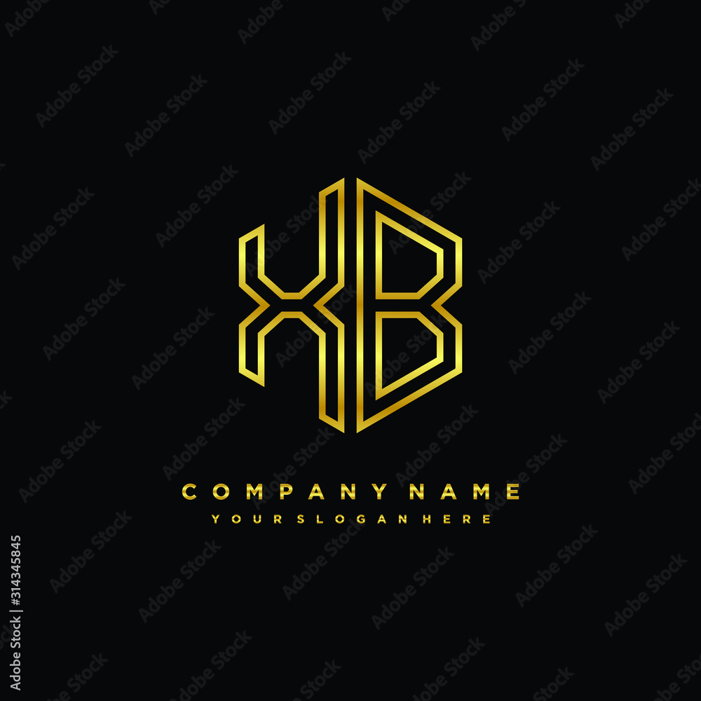 Initial letter XB, minimalist line art monogram hexagon logo, gold color