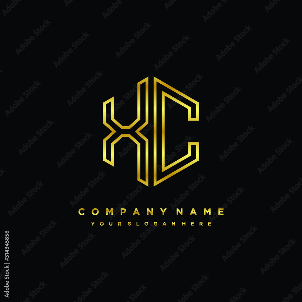 Initial letter XC, minimalist line art monogram hexagon logo, gold color Initial letter XC, minimalist line art monogram hexagon logo, gold color