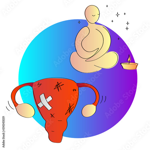 Bright symbolic minimalist illustration showing the effect of meditation with a candle for gynecological problems