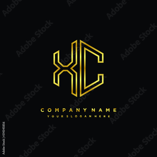 Initial letter XC, minimalist line art monogram hexagon logo, gold color