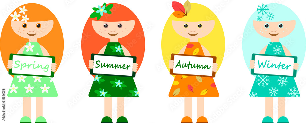 Girls with seasons signs, in different clothes and with different hair depending on the season. Four seasons abstraction concept for your design.