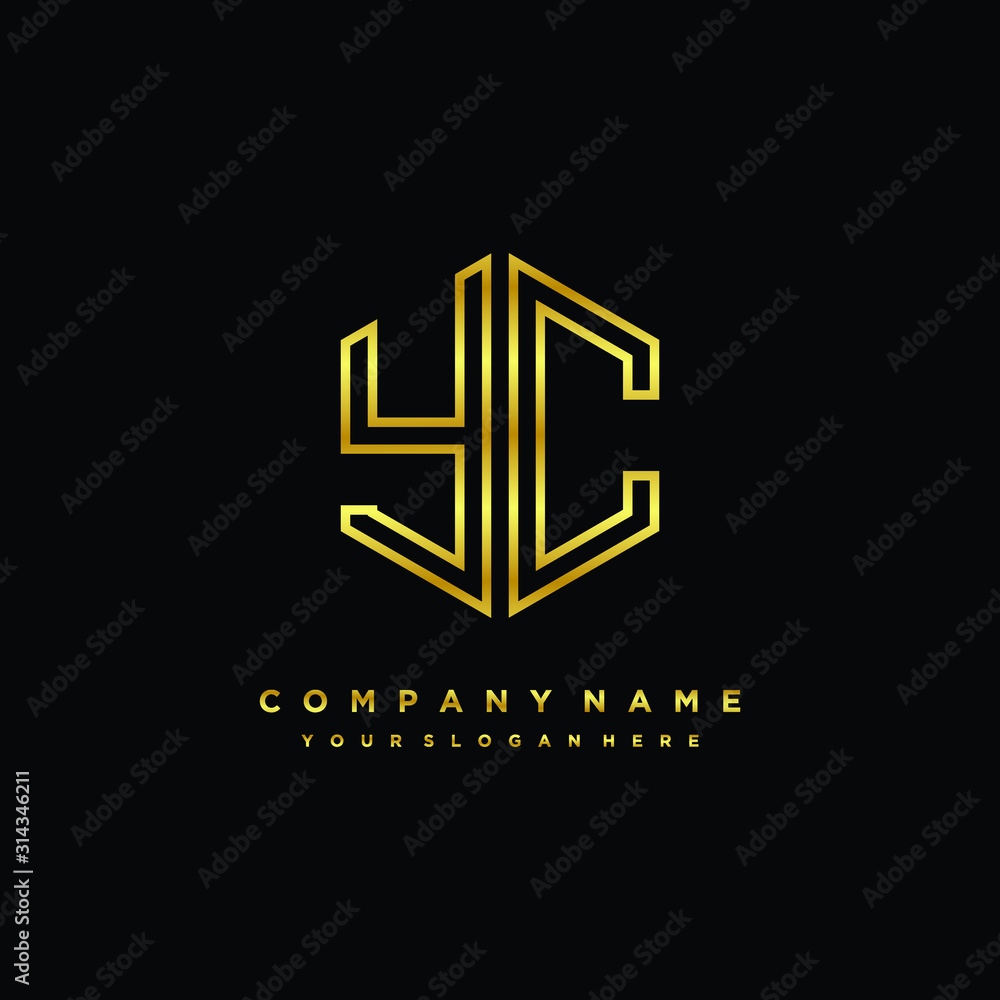 Initial letter YC , minimalist line art monogram hexagon logo, gold color