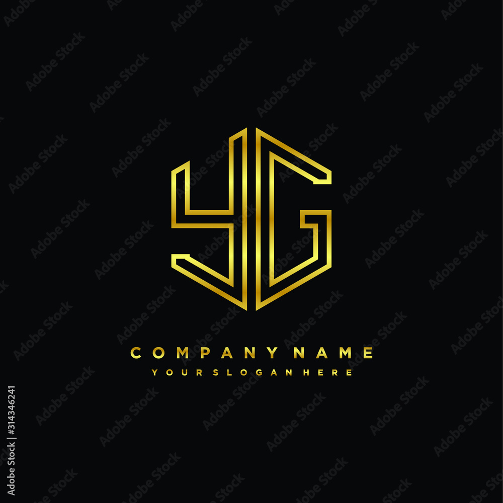 Initial letter YG , minimalist line art monogram hexagon logo, gold color