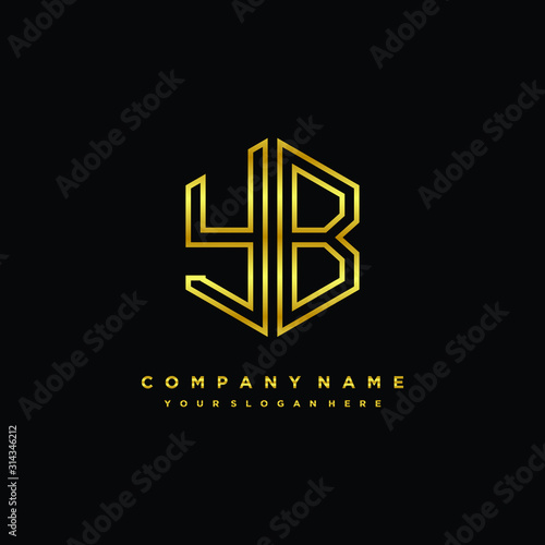 Initial letter YB , minimalist line art monogram hexagon logo, gold color