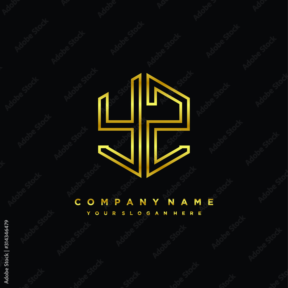 Initial letter YZ , minimalist line art monogram hexagon logo, gold color Initial letter YZ , minimalist line art monogram hexagon logo, gold color