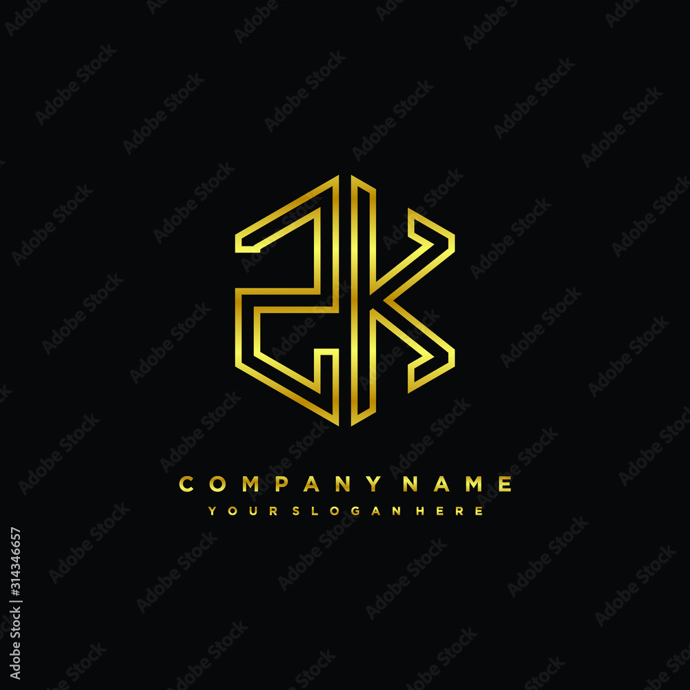 Initial letter ZK, minimalist line art monogram hexagon logo, gold color Initial letter ZK, minimalist line art monogram hexagon logo, gold color