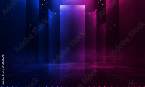 Fototapeta Naklejka Na Ścianę i Meble -  Abstract futuristic neon tunnel Dark room fluorescent bright purple and pink neon glow Virtual background space corridor shape tunnel