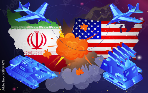 Wallpaper Mural Map and flag of american and Iran, World war​ 3, USA and Iran,illustration of firing missiles. Iran USA conflict 2020 Middle East crisis. Iran versus USA, vector illustration. Torontodigital.ca