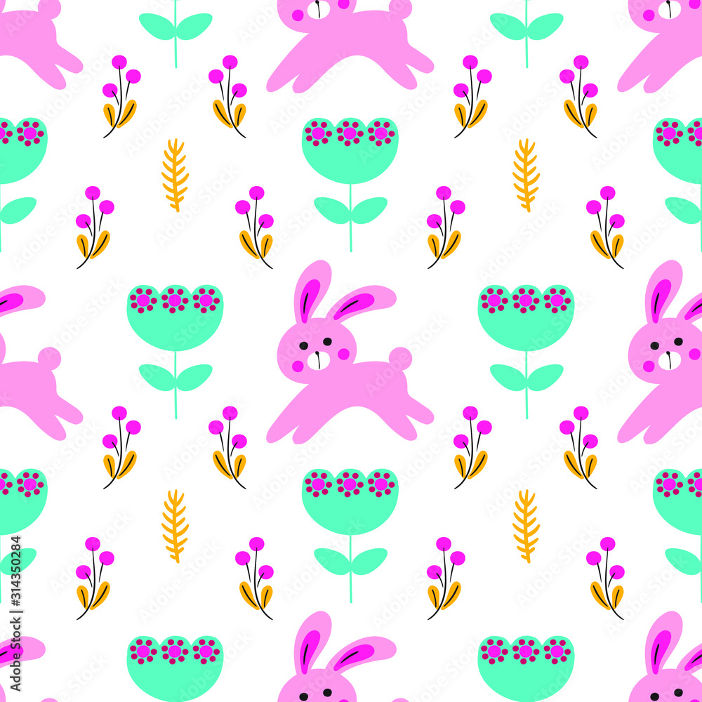 Vector seamless pattern of cute bunny and spring flowers. Easter background Vector seamless pattern of cute bunny and spring flowers. Easter background